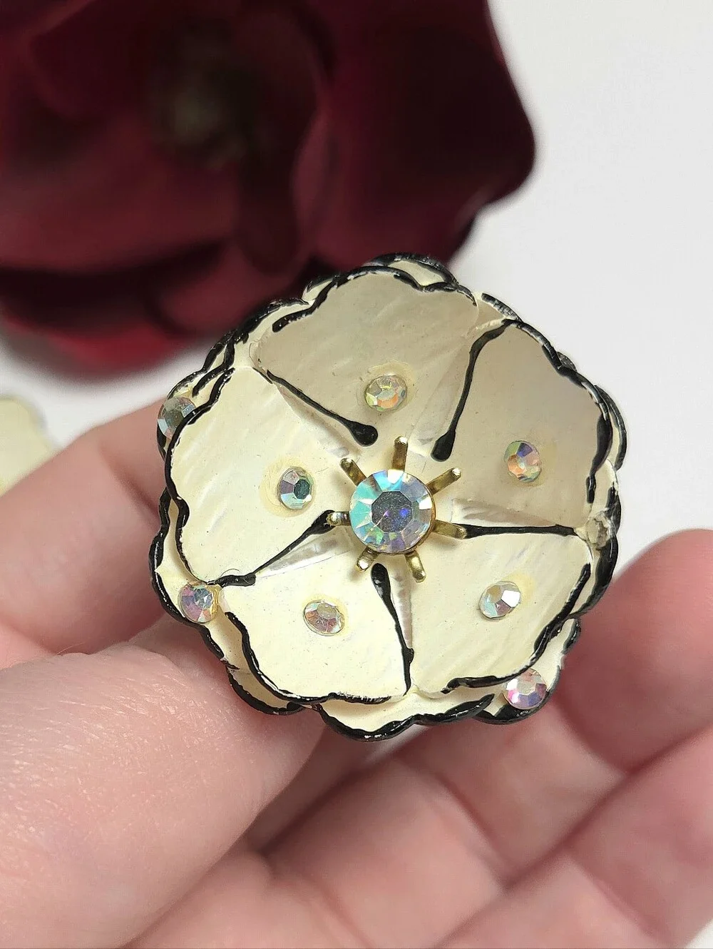 Vintage Handmade Acrylic Flower Petal Aurora Borealis Crystal Earrings Clip On